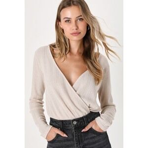 Lulus Adorable Look Beige Pointelle Long Sleeve Bodysuit - Size S